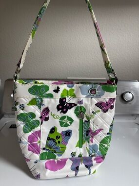 Vera Bradley White Floral & Butterfly Quilted Bag with Green Accents